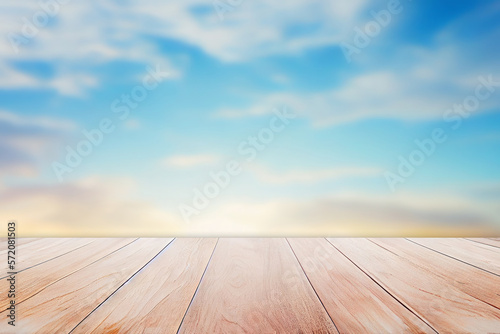 Empty wooden table, blurred sunrise background. Wood desk surface mockup for design or product display. Created with Generative Ai technology