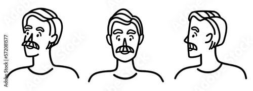 Cartoon character head in different angles. Front view, side view, three quarters. White european man with mustache. Line art. For social media, user avatars, contact icons. Vector illustration