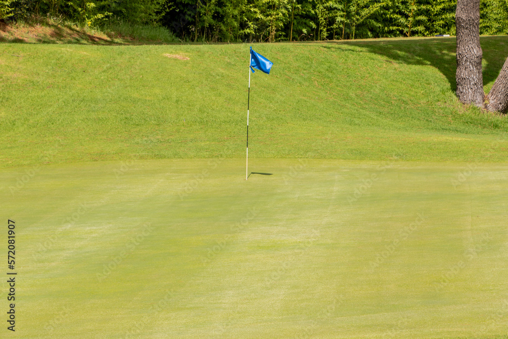 Obraz premium Campo de deporte de golf con un verde e impecable césped en verano