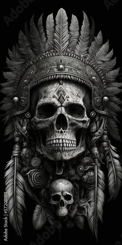 Detailed one color tattoo, skull, lion, wolf, eagle, india, indian, nature, totem, generative ai