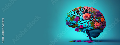 Human brain tree with flowers, self-care and mental health concepts, positive thinking, creative mind, generative ai