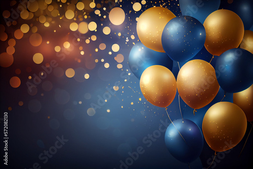 Realistic Festive background with golden and blue balloons falling confetti blurry background, generative ai