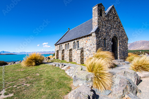 views of the good sheeper church in tekapo lake, new zealanda photo