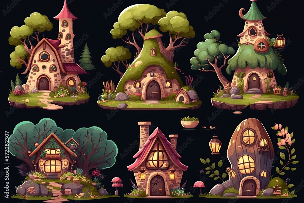 cartoon illustration, a forest village or valley with houses from fairy tales, ai generative