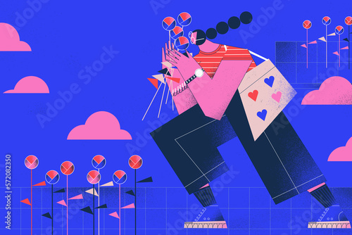 Принти на полотні Young black skin woman smelling a bunch of beautiful flowers in a surrealist landscape, taking care of herself and his mental health