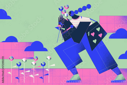 Принти на полотні Young black skin woman smelling a bunch of beautiful flowers in a surrealist landscape, taking care of herself and his mental health