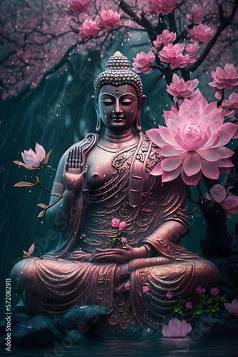 This image shows an epic bodhisattva statue with a serene sunset in the background.