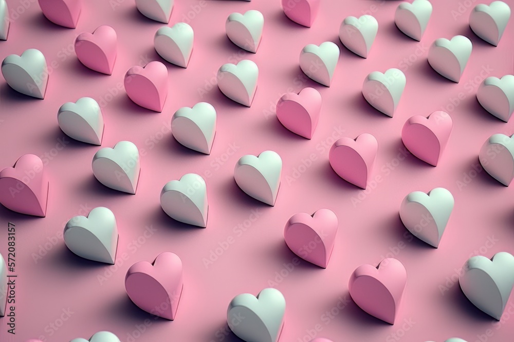 Fondo de corazones 3d, caramelos de en forma de corazón rosa con fondo neutro, creado con IA generativo