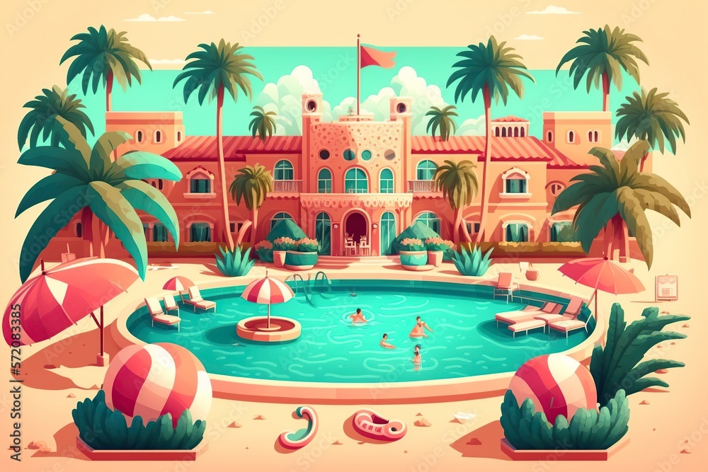 cartoon illustration, luxury resort hotel and swimming pool, ai generative