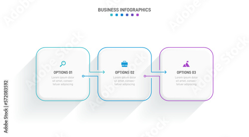 Timeline infographic with infochart. Modern presentation template with 3 spets for business process. Website template on white background for concept modern design. Horizontal layout.
