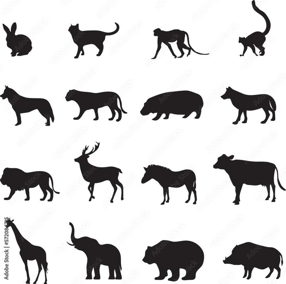 different animals silhouettes isolated. Outlined black animals without background