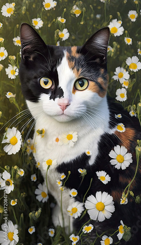 a calico cat with unique markings sitting in some wild flowers - generative ai