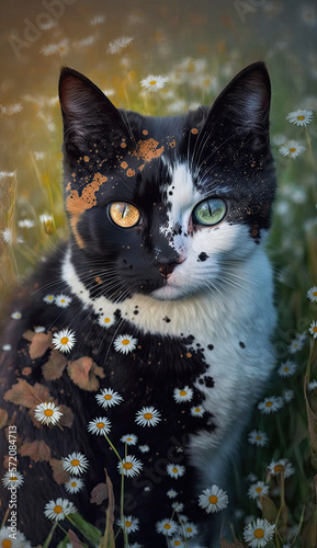 a calico cat with unique markings sitting in some wild flowers - generative ai