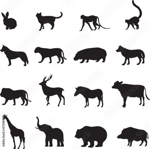 different animals silhouettes isolated. Outlined black animals without background