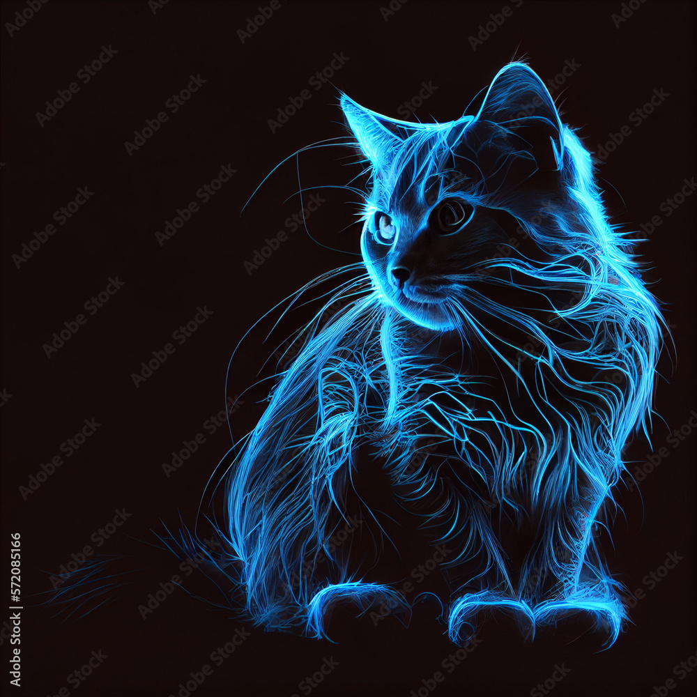 beautiful cat with blue neon light strokes on black background