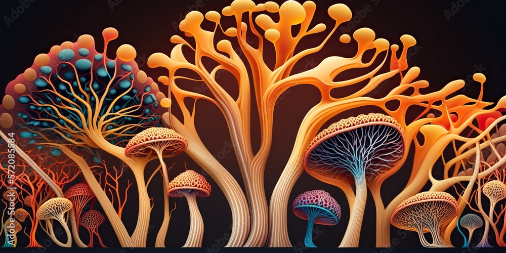 Vibrant abstract illustration of human nervous system made of mushrooms