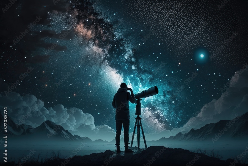 Scientist Looking Through A Telescope At A Night Sky Concept Of Scientist Looking Through A Telescope At A Night Sky Concept Of
