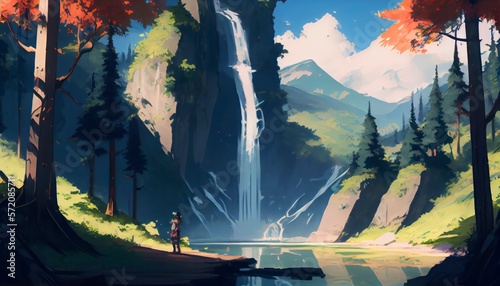 Beautiful Chasing Waterfalls and Soaking in the Sunshine: Spring Landscapes for Adventure Seekers, anime style generative ai