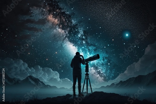 Fototapete Scientist looking through a telescope at a night sky, concept of Exploring Unive