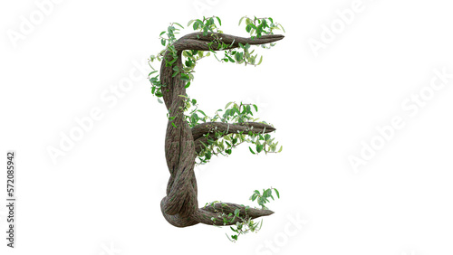Tree grow or vine in the shape of the English text. Letter font E. 3D Render.