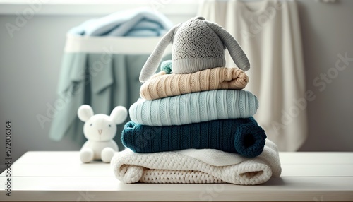 Stack of folded wool knitted baby clothes and accessories. Generative AI photo