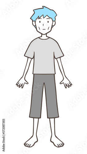 裸足の痩せてげっそりしている男性、シンプル