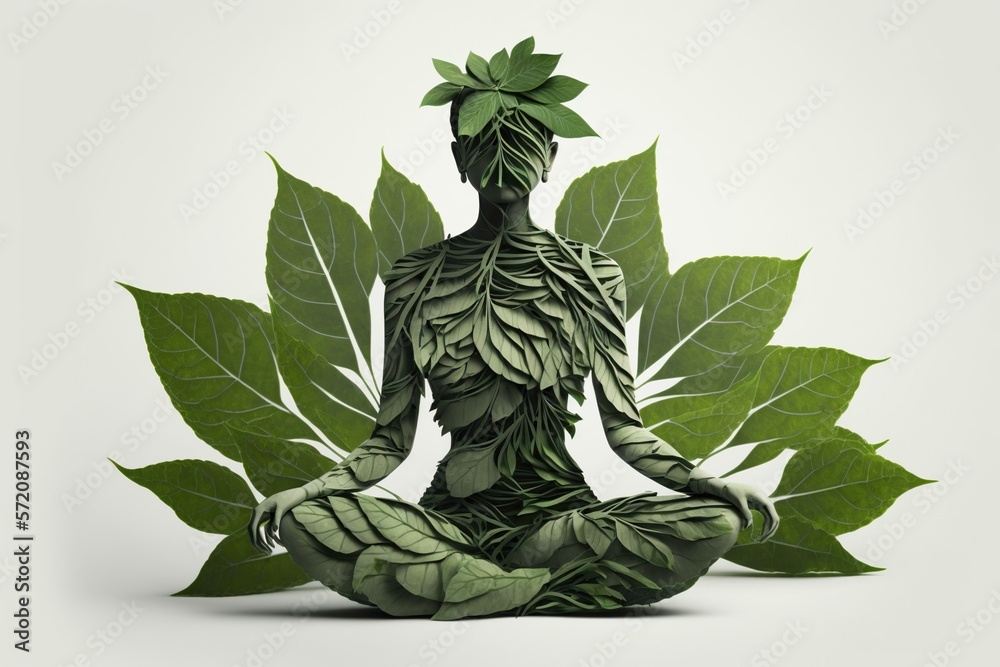 Female made of green leaves in the form of lotus yoga, concept of Nature and Meditation, created with Generative AI technology - obrazy, fototapety, plakaty 