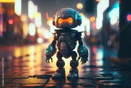 old, LITTLE and funny cut yellow scrap robot on the junkyard,full body,cyberpunk colored light around him , futuristic city on background
