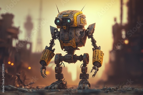 old, and funny cut yellow scrap robot on the junkyard