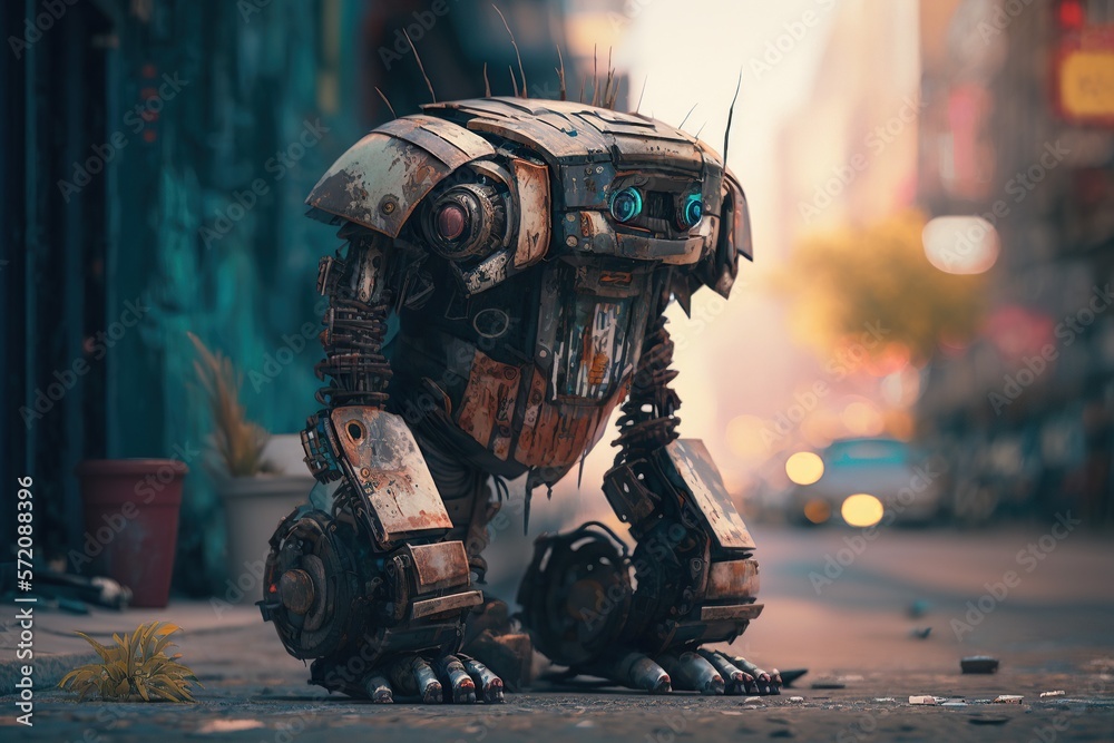 old, LITTLE and funny cut yellow scrap robot on the junkyard,full  body,cyberpunk colored light around him , futuristic city on background  Illustration Stock | Adobe Stock