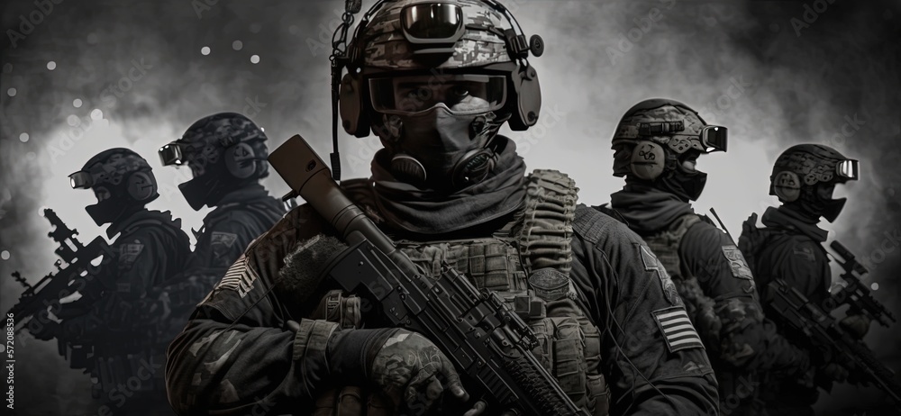 Portrait of five military men. A group of soldiers on a background of smoke. The concept of military operations, special operations, paintball. by ai generative
