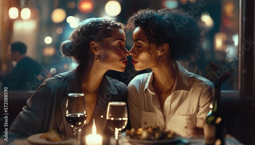 young lesbian couple having a romantic dinner looking at each other. Generative AI 