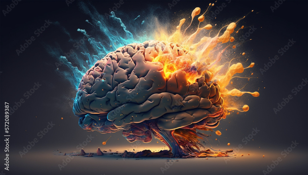 Concept art of a human brain exploding with knowledge and creativity ...