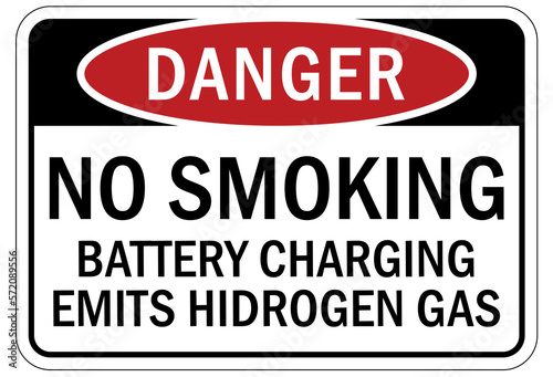 Hydrogen chemical warning sign and labels no smoking, battery charging emits hydrogen gas
