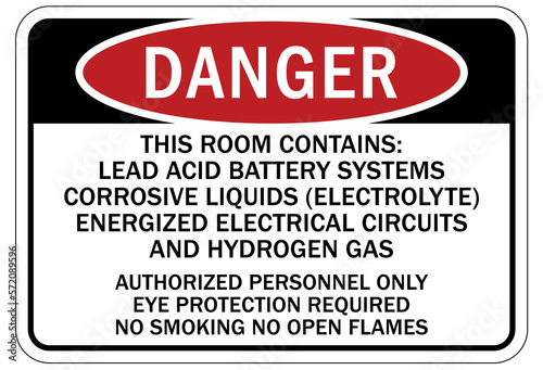 Hydrogen chemical warning sign and labels this room contains lead acid battery system corrosive liquid (electrolyte) energized electrical circuits and hydrogen gas