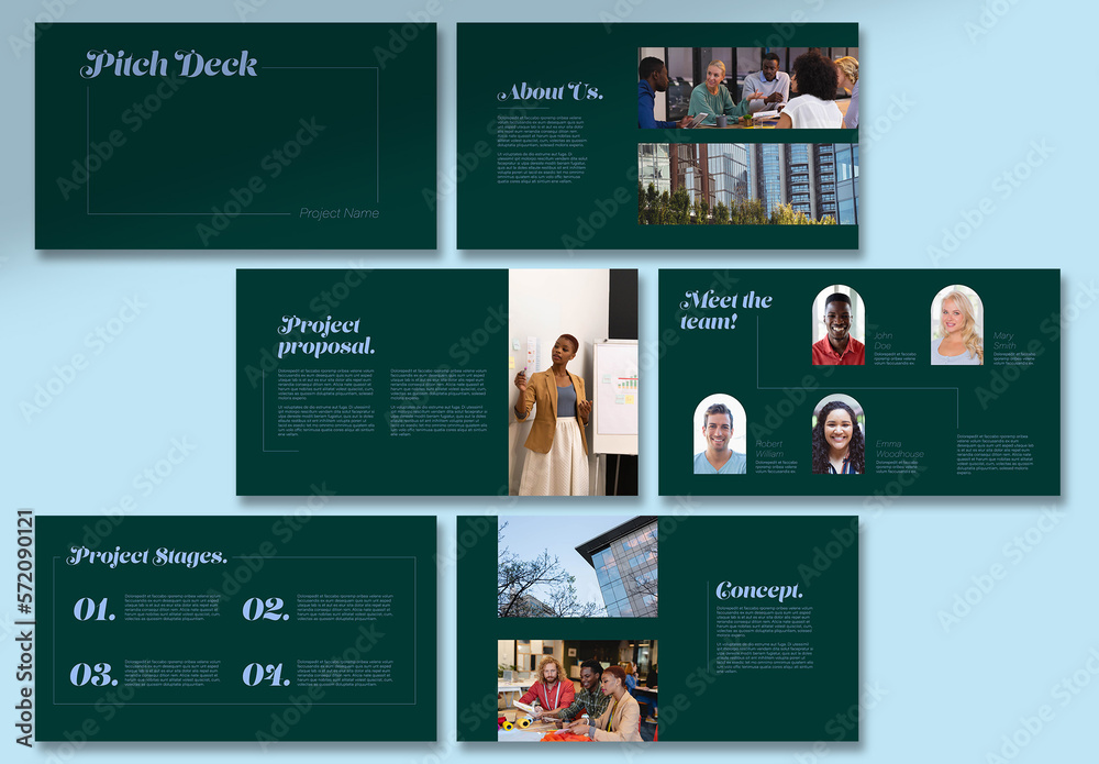 Dark Green and Blue Pitch Deck Stock Template | Adobe Stock