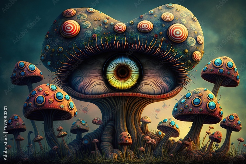 Hallucinogenic mushrooms in the form of eye, concept of Psychedelic Art