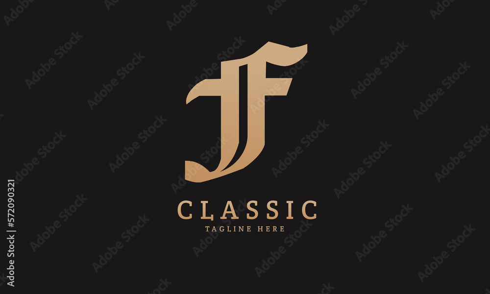 Alphabet F illustration monogram logo template in silver color and black background