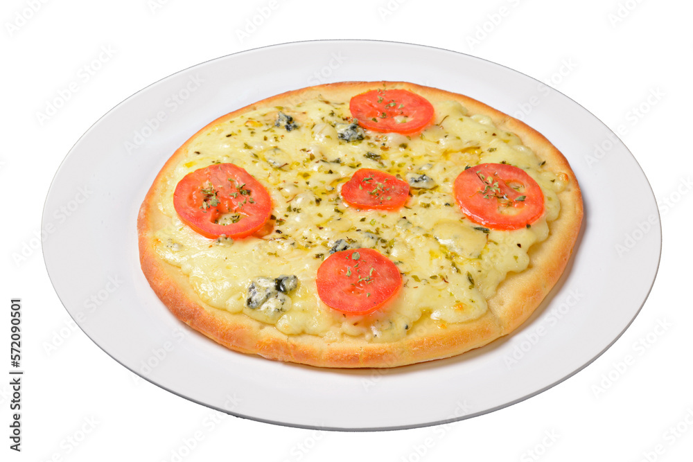 Pizza. Small mozzarella cheese pizza on white plate isolated on transparent background.