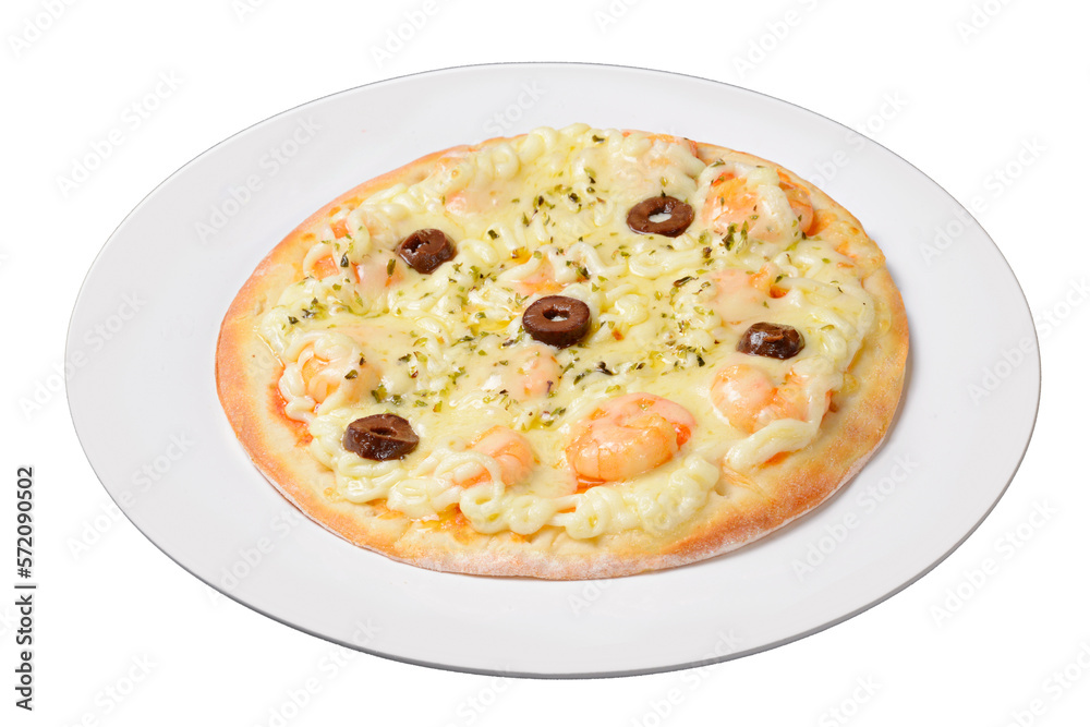 Pizza. Small shrimp pizza on white plate isolated on transparent background. Pizza. Small shrimp pizza on white plate isolated on transparent background.