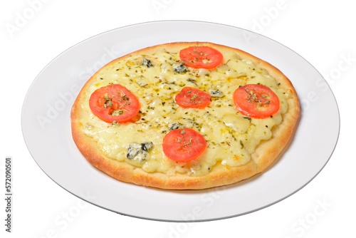 Pizza. Small mozzarella cheese pizza on white plate isolated on transparent background.