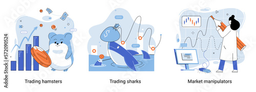 Stock market manipulation concepts set, change business graph indicator, influence crypto currency price for benefit or profit. Character analyzing stock market data to control financial graphic chart