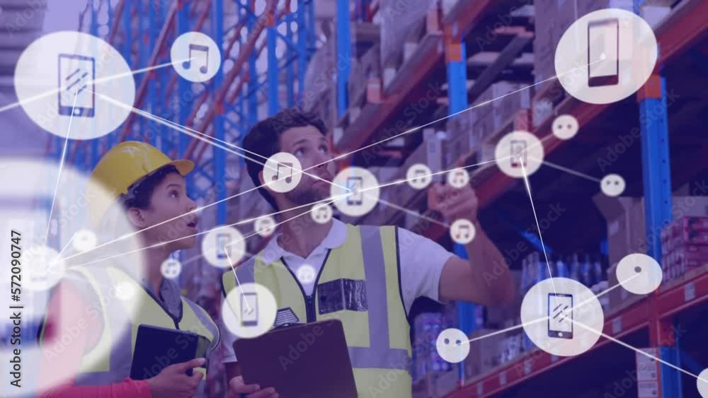 Animation of network of connections with icons over diverse workers at warehouse Animation of network of connections with icons over diverse workers at warehouse