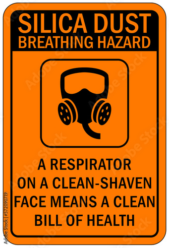 Silica dust breathing hazard chemical warning sign and labels resporator on a clean shaven face means a clean bill of healt