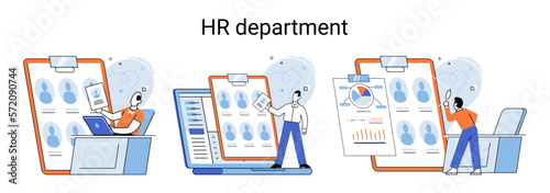 HR department, headhunter job, selection interview scenes set. Employer selects applicant candidates for work or study. Specialist engaged in selection, adaptation, dismissal, development of personnel