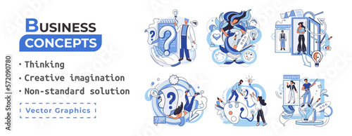 Creative thinking. People with different mental mindset types or model creative. Imaginative logical and structural thinking. MBTI person metaphor. Non standart solution. Brain think people solve idea