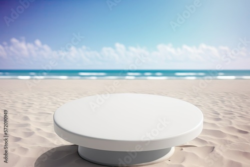  3D Round Ceramic Podium With Beach Background Made with Generative AI