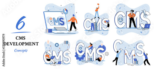 Digital content management system, CMS development software metaphor. Information system or computer program enable organize collaborative process of creating, editing and managing soft in network