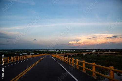 View from the El Roncador bridge over the Magdalena river at sunset. Colombia.