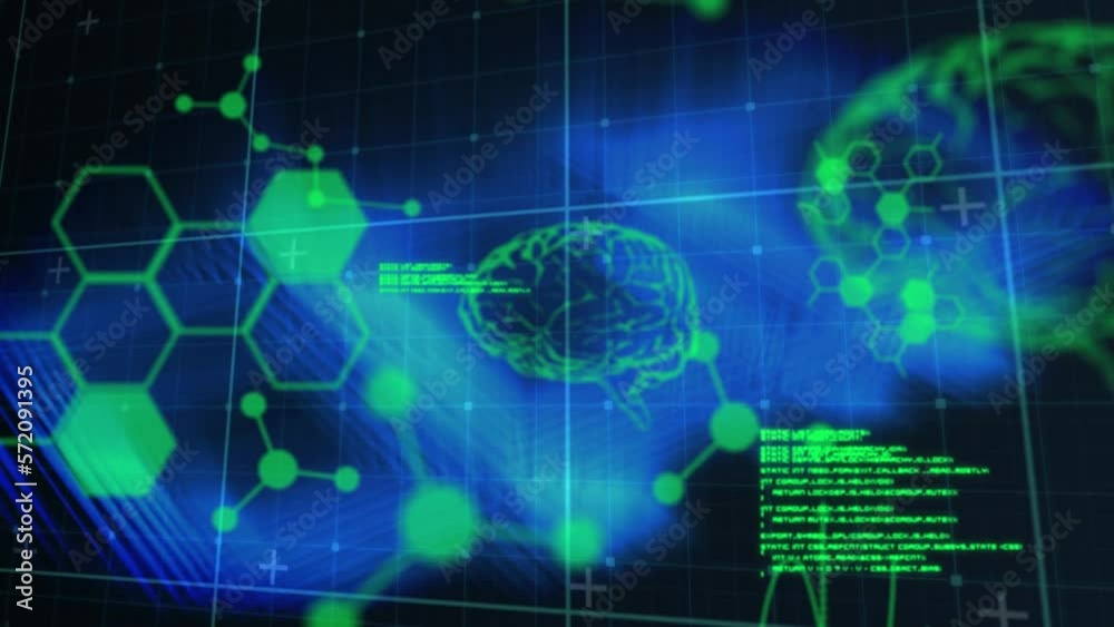Animation of data processing with molecules and digital brain over light trails on black background Animation of data processing with molecules and digital brain over light trails on black background